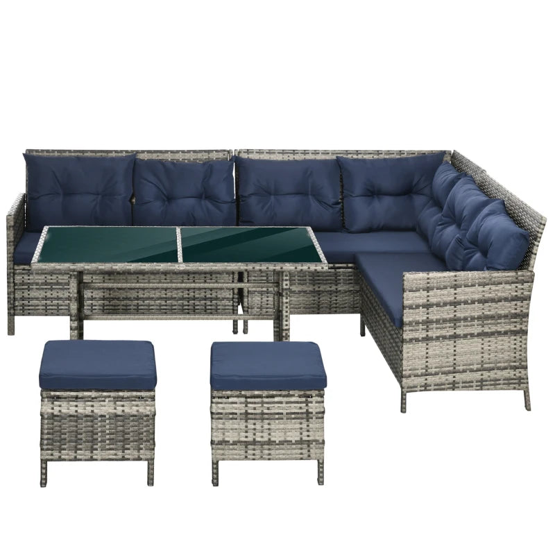 8-Seater Rattan Sofa With Glass Table & Blue Cushions