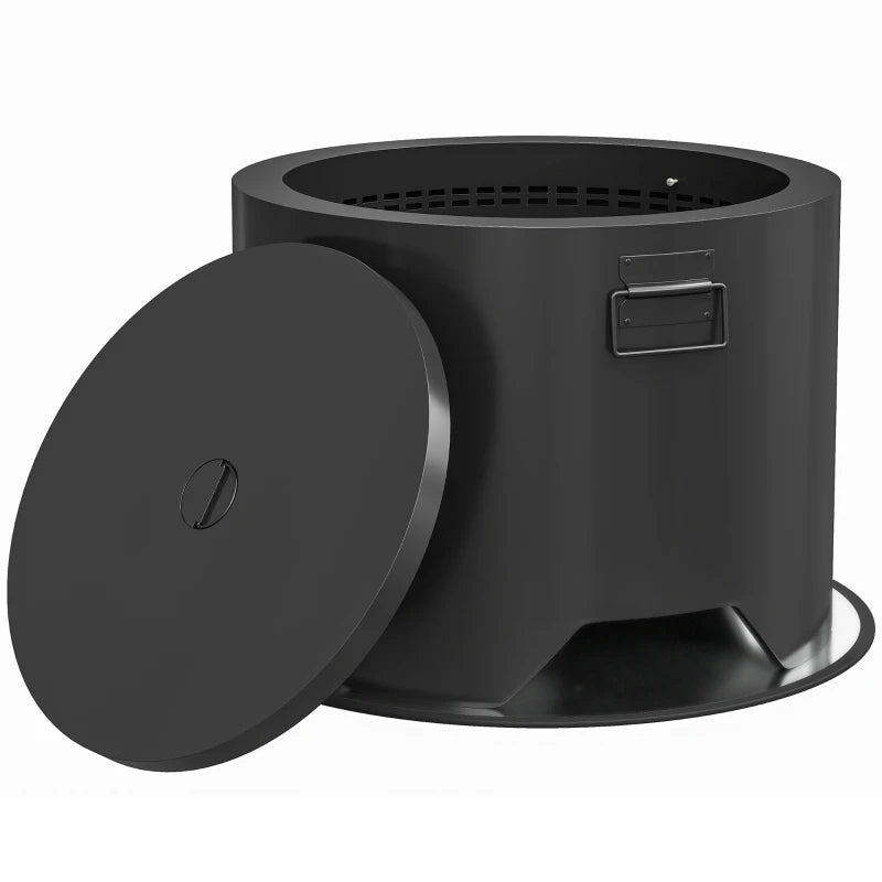 Outdoor Round Fire Pit with Lid & Poker - Durable Black Steel Design for Backyard Patio Heating & Ambiance