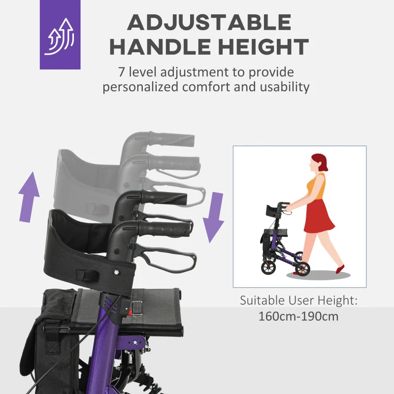 Lightweight Folding Rollator Walker with Seat and Backrest Adjustable Handle Height 4 Wheeled Walker for Seniors with Storage Bag and Dual Brakes Purple