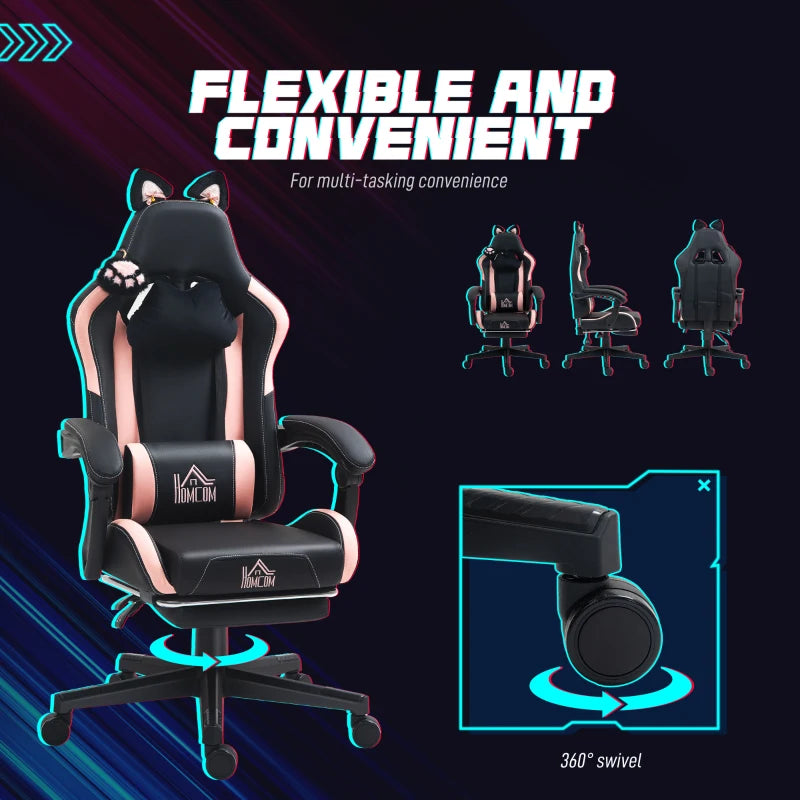 Cat Ear & Paw Reclining Office Chair with Footrest - Stylish Black & Pink Gaming Chair for Cat Lovers