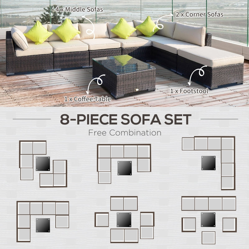 Mixed Brown 8-Piece PE Rattan Corner Sofa Set with Luxe Cushions and Glass Top Table