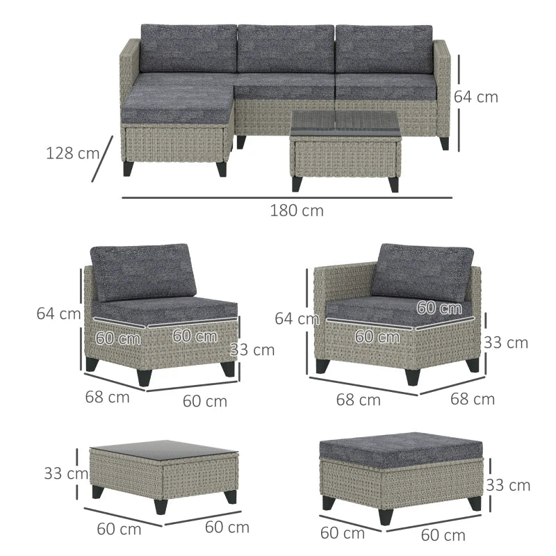5-Piece Dark Grey Rattan Patio Furniture Set - Corner Sofa, Footstools & Coffee Table for Poolside