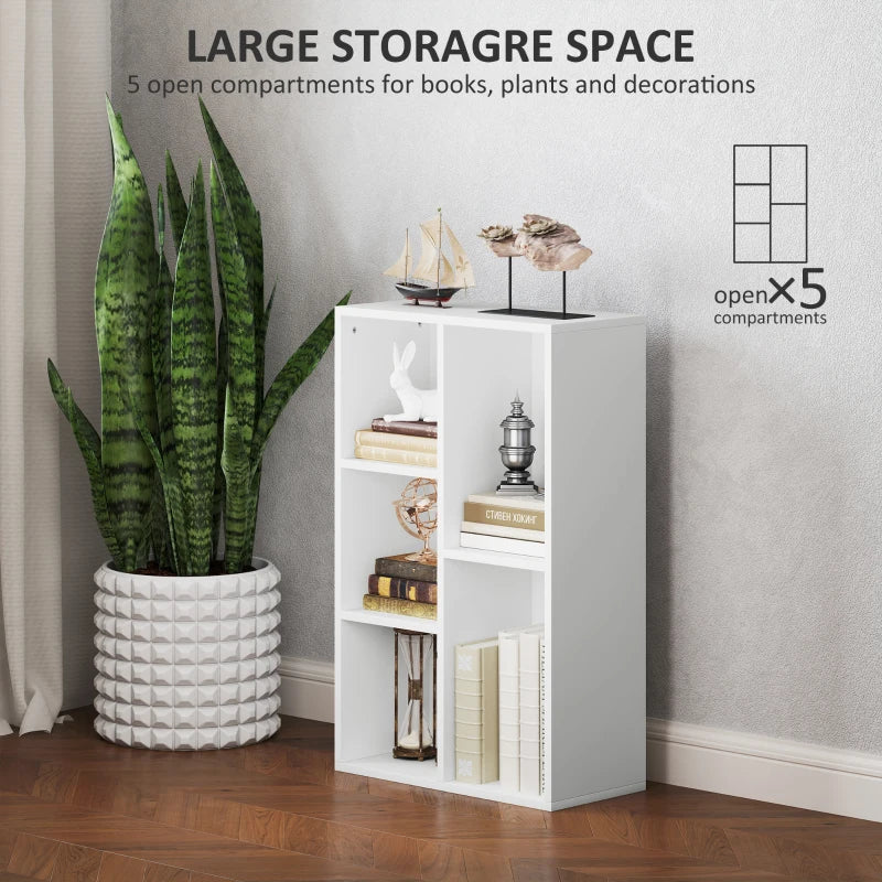 Modern 2-Tier White Bookshelf with 5 Spacious Compartments - Stylish Storage Solution for Home or Office