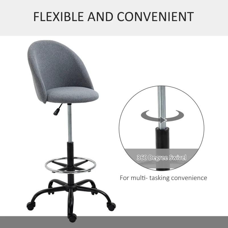 Vinsetto Ergonomic Drafting Chair - Adjustable Height, 360° Swivel, Padded Seat & Footrest, 5 Wheels - Grey for Home Office