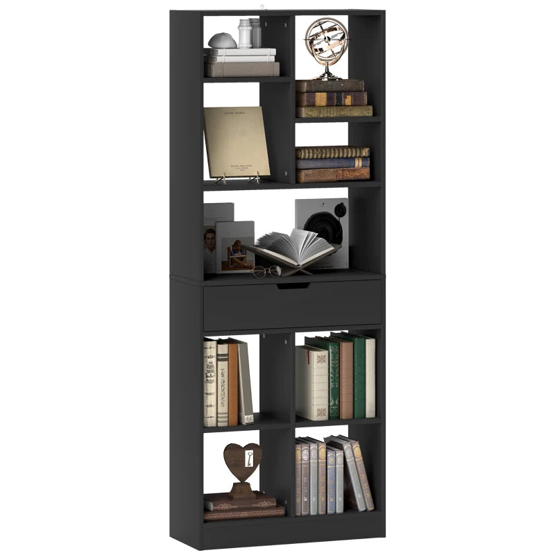 Tall Black Bookshelf with Drawer - Freestanding Bookcase for Bedroom, Living Room & Home Office Storage Solution