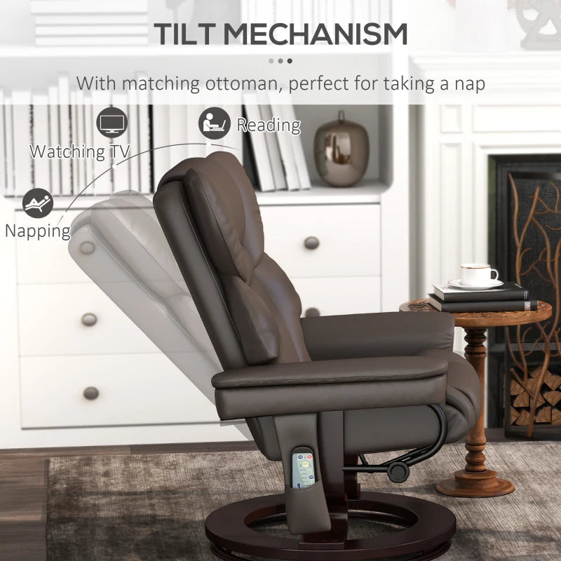 Upholstered Massage Recliner Chair with Footstool, Adjustable Backrest, Swivel Design for Living Room and Bedroom, Brown
