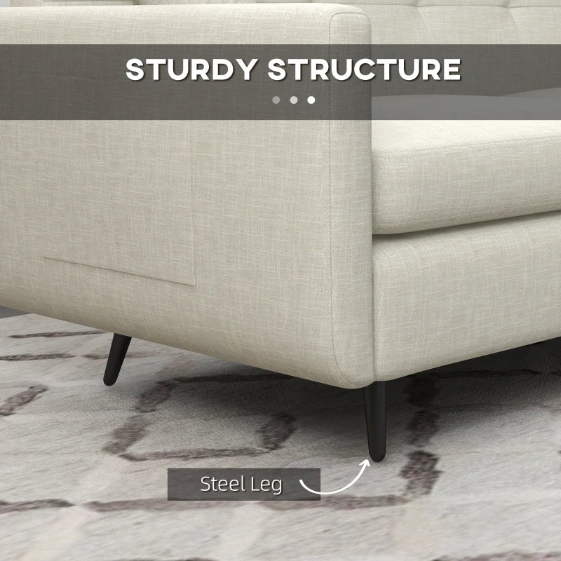 Modern 165cm 3-Seater Sofa for Living Room, Tufted Fabric Couch with Steel Legs and Storage Pockets, Beige