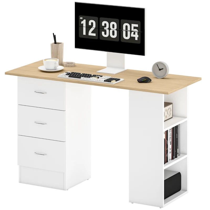 Modern Computer Desk with Storage Shelves and Drawers for Home Office Natural Wood Finish and White