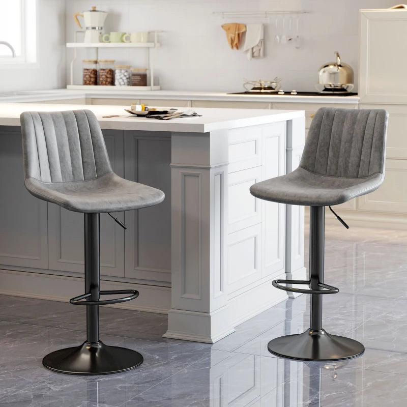 Adjustable Height Breakfast Bar Stools Set of 2 - Grey Leather Upholstery, 59-80cm Gas Lift Design