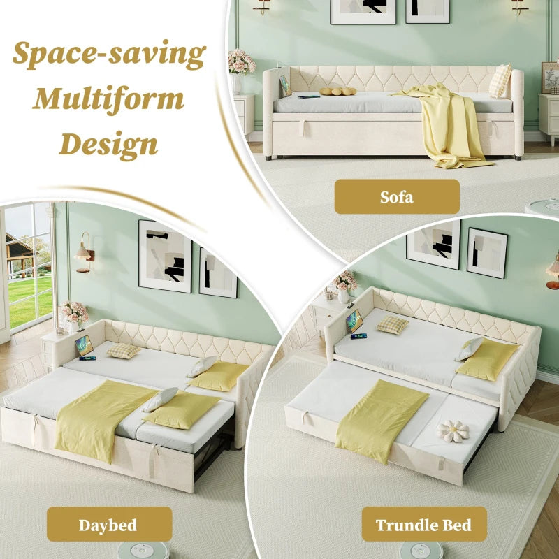Upholstered Daybed with USB & Type-C Charging Station, Button-Tufted Sofa Bed for Compact Rooms, Beige, 206L x 193W x 71H cm
