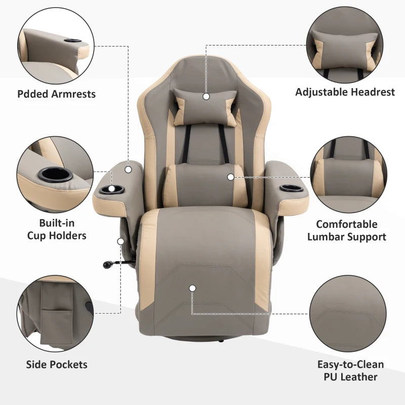 Grey PU Leather Manual Recliner Armchair with Adjustable Leg Rest and 360° Swivel Function