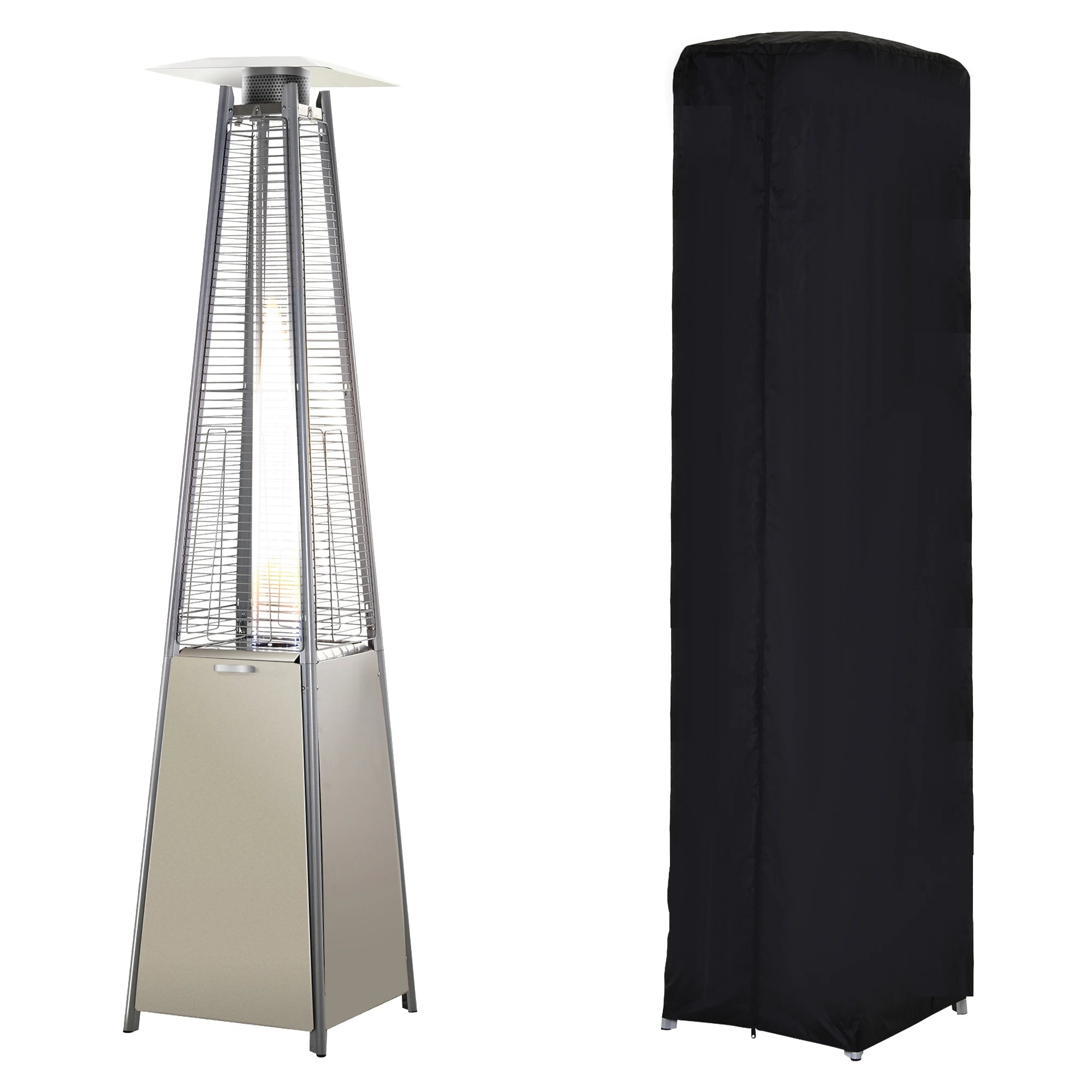Stainless Steel Outdoor Garden Pyramid Patio Heater with Wheels and Rain Cover - Silver