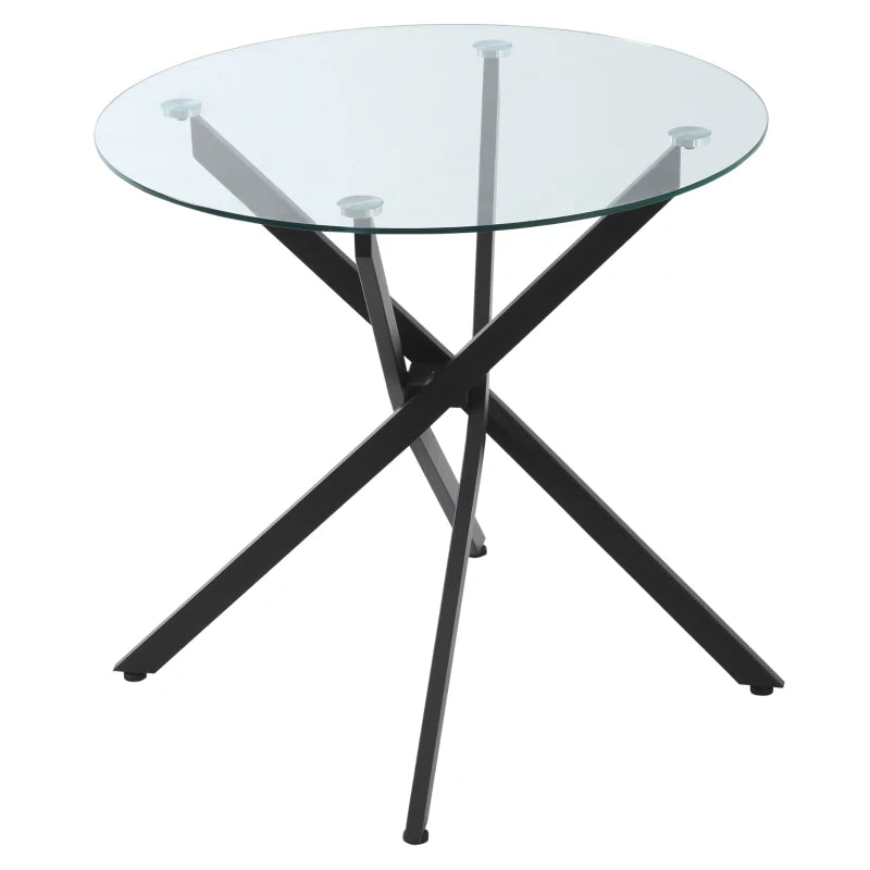 Modern Round Dining Table with Clear Tempered Glass Top & Metal Legs - Stylish Kitchen & Living Room Furniture, Black