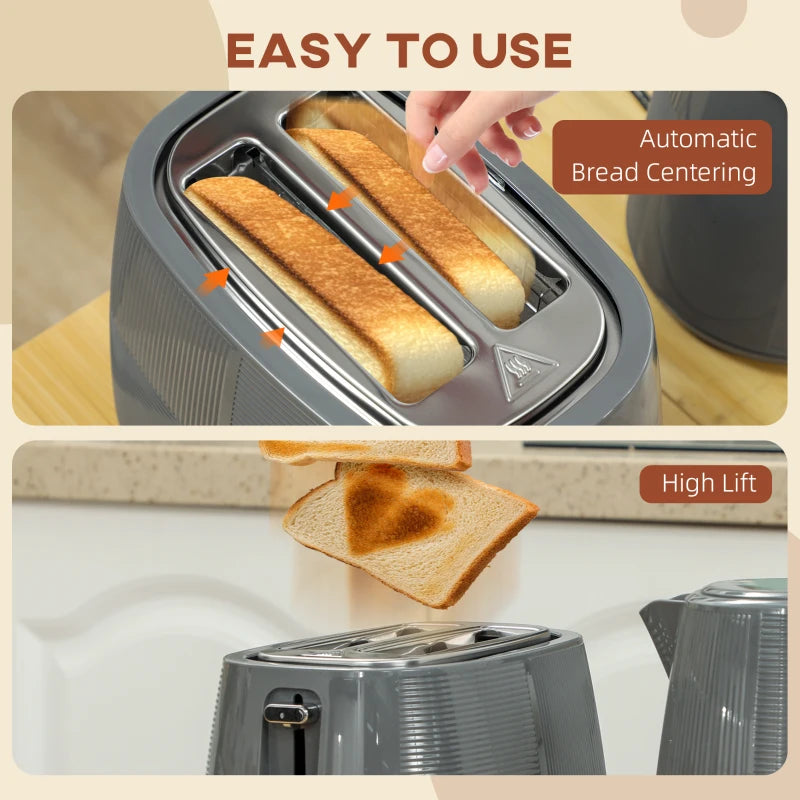 Premium Grey Kettle & Toaster Set - 1.7L Fast Boil Kettle 3000W & 2 Slice Toaster with 7 Browning Levels