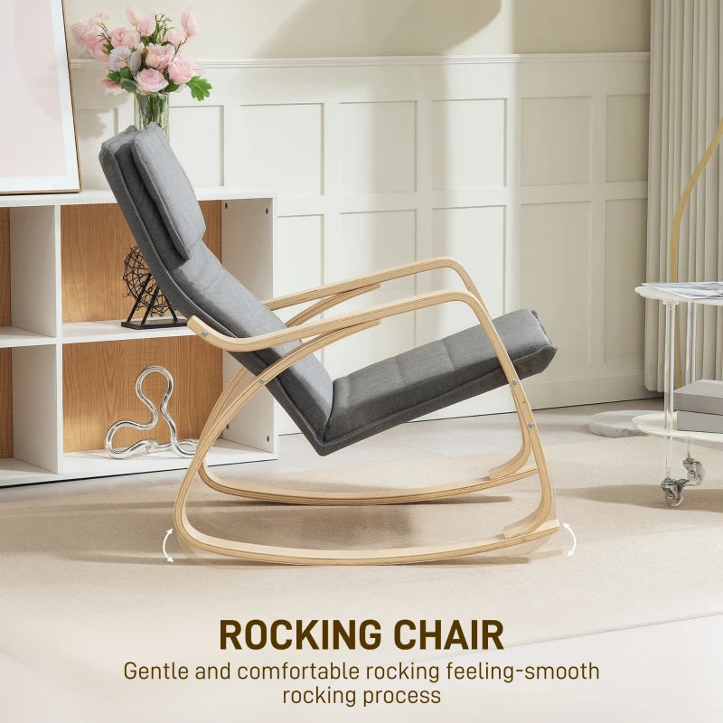 Comfortable Upholstered Rocking Chair with High Back and Headrest for Living Room and Bedroom in Grey