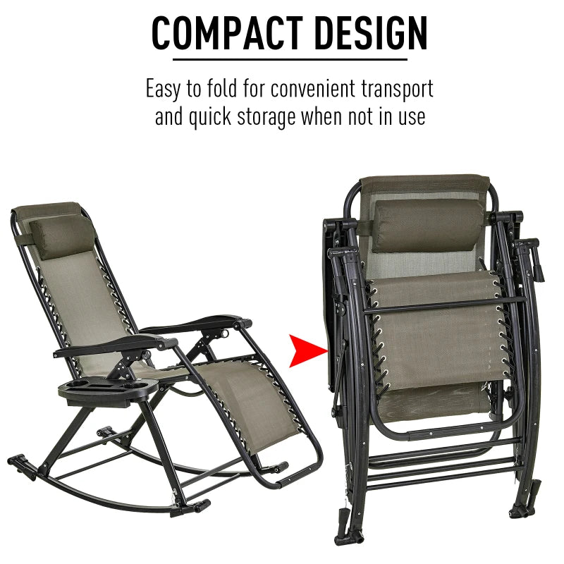 Grey Folding Rocking Sun Lounger Chair with Headrest and Side Holder