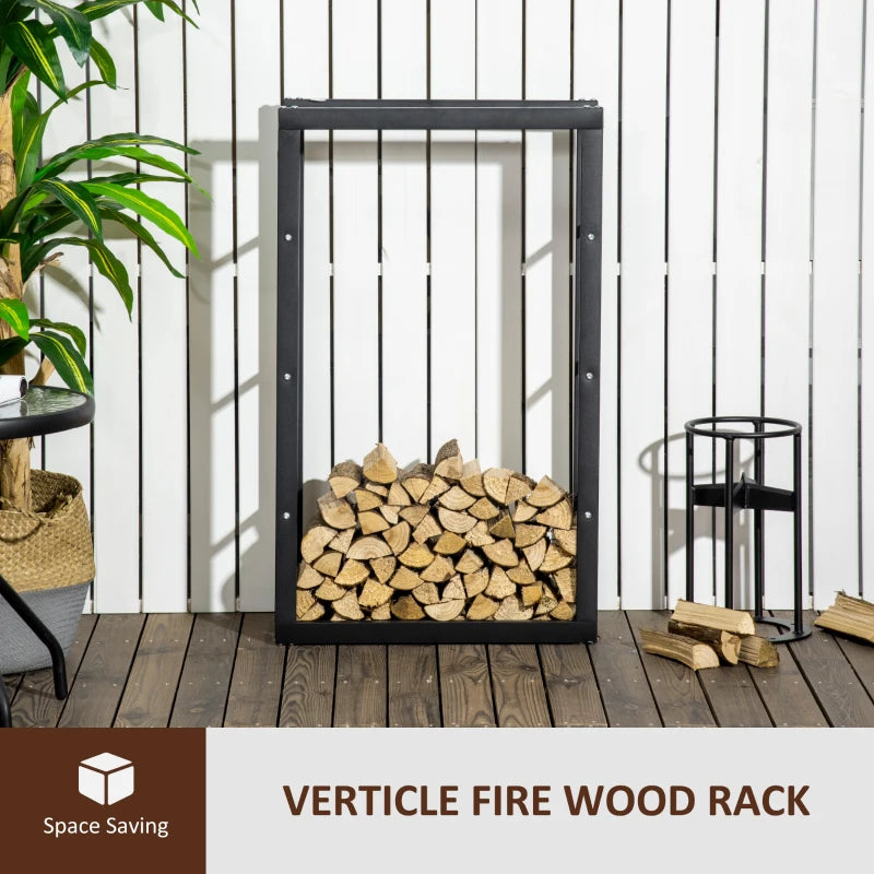 Tall Metal Firewood Log Holder Rack - Indoor Outdoor Fireplace Wood Storage Shelf, Rust-Resistant, Black, 60W x 25D x 100H cm