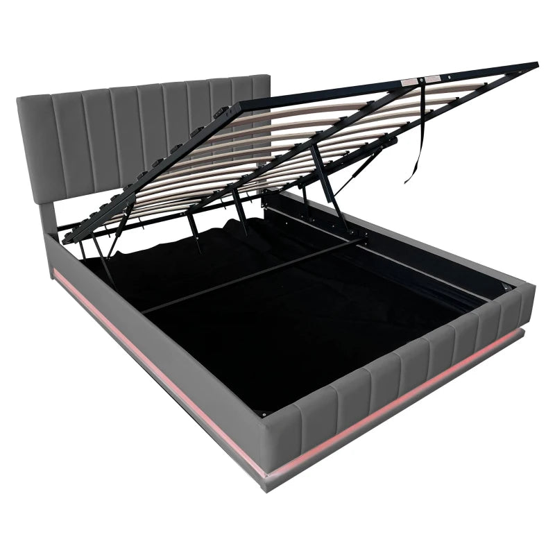Ottoman Double Bed with Hydraulic Storage & LED Lighting - PU Leather Frame, Adjustable Headboard, Grey, 193x142x101-111 cm