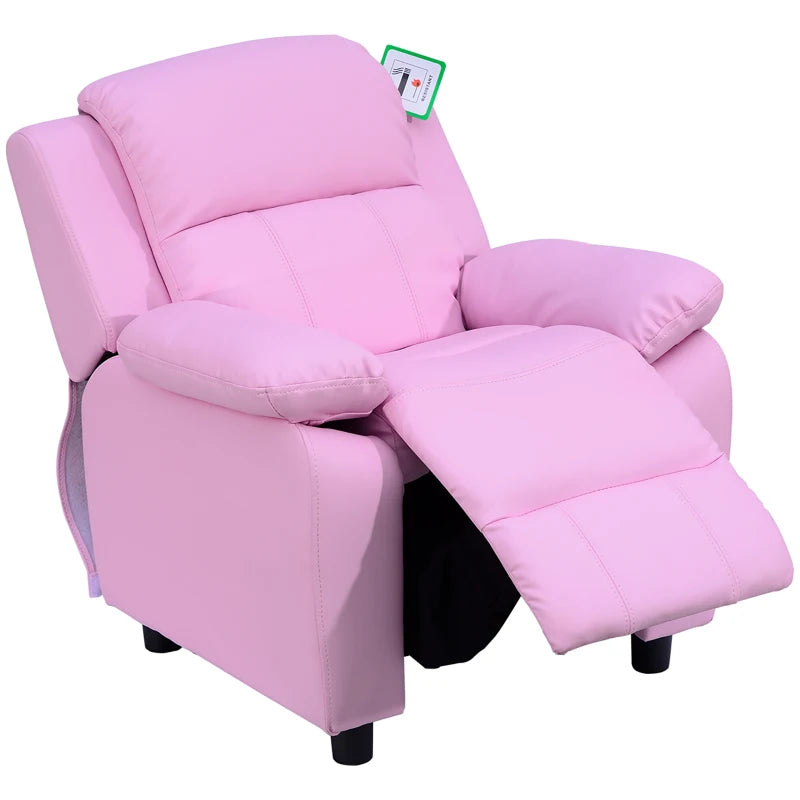 Kids Pink Sofa Armchair Recliner - PU Leather Toddler Lounger with Storage for Games & Playtime