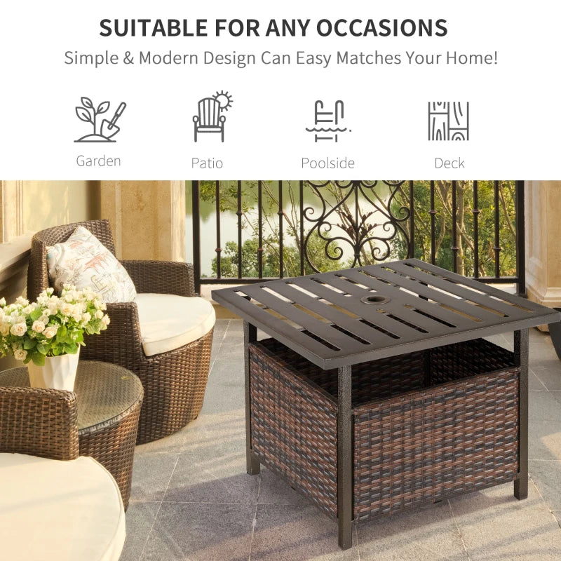 Brown Rattan Wicker Patio Coffee Table with Umbrella Hole for Garden