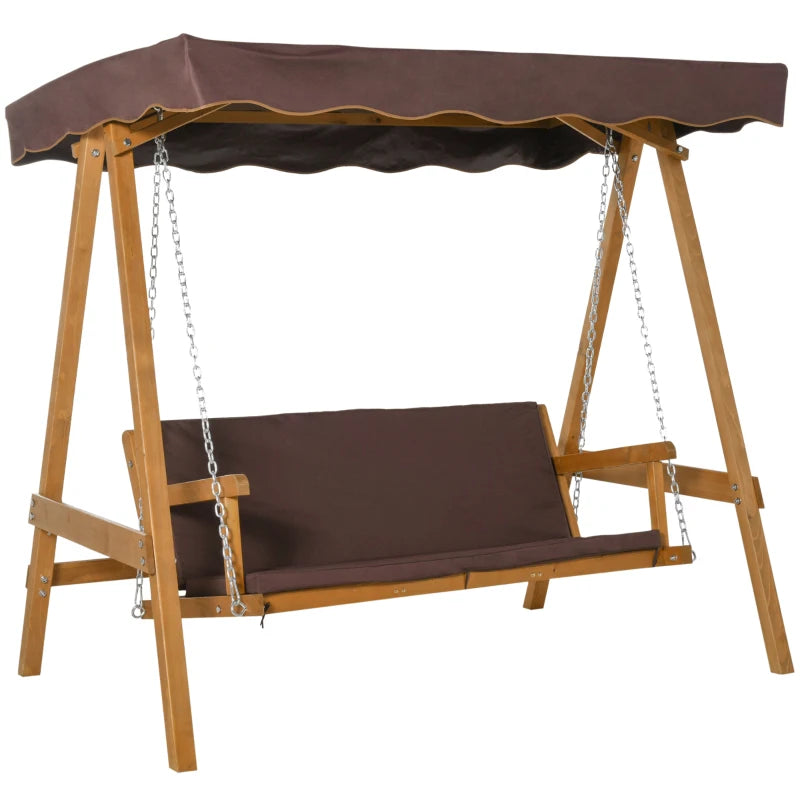 Brown 3-Seater Outdoor Swing Chair with Adjustable Canopy and Padded Cushions