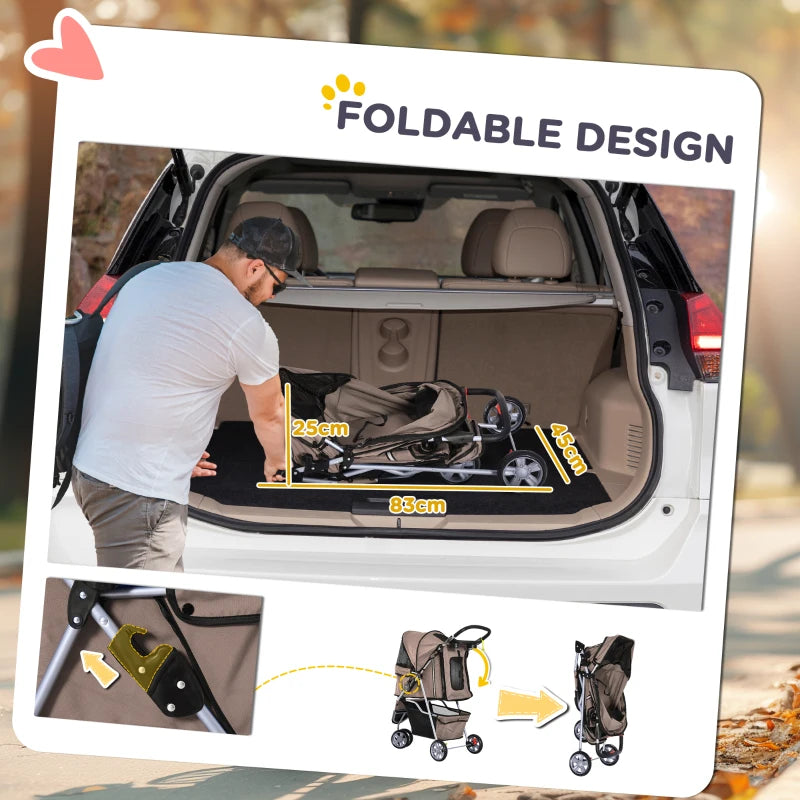 3 Wheel Pet Stroller for Small & Miniature Dogs - Brown Lightweight Dog Carrier with Canopy & Storage