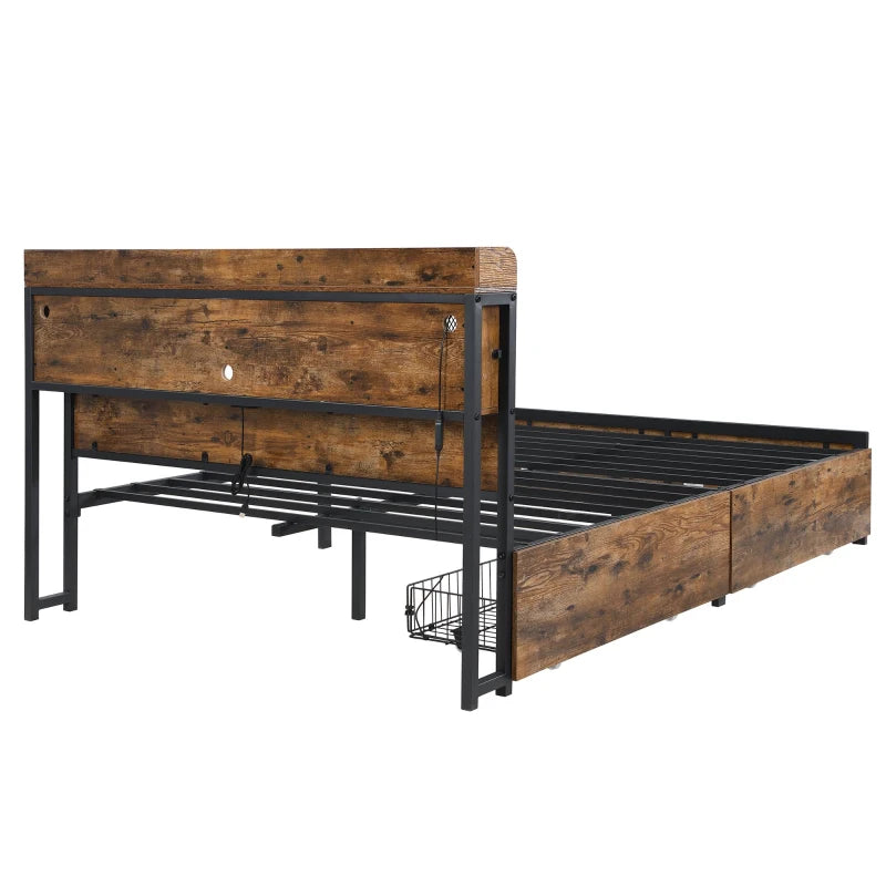 Metal Double Bed with LED Light Strip, USB Ports & 2 Drawers - Sturdy Iron Frame, Black, 207x135.5x83.5 cm