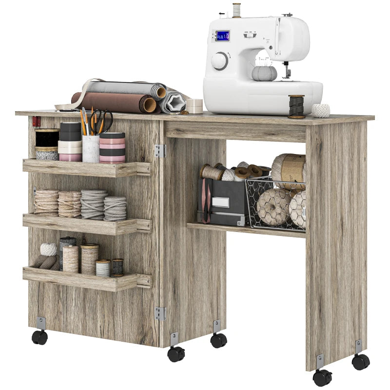 Folding Sewing Table with Drop Leaf & Storage Bins - Rolling Craft Table for Small Spaces, Grey