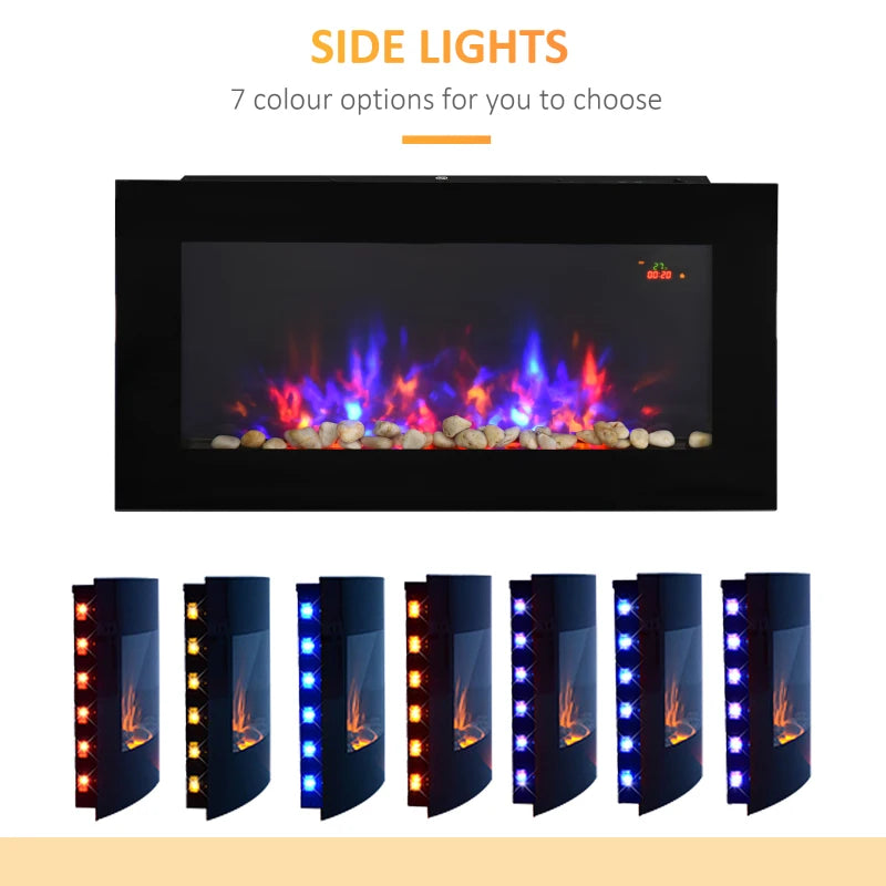 Curved Glass Electric Wall Mounted Fireplace for Living Room 1000W 2000W Black 48H x 90.8W x 11.5Dcm