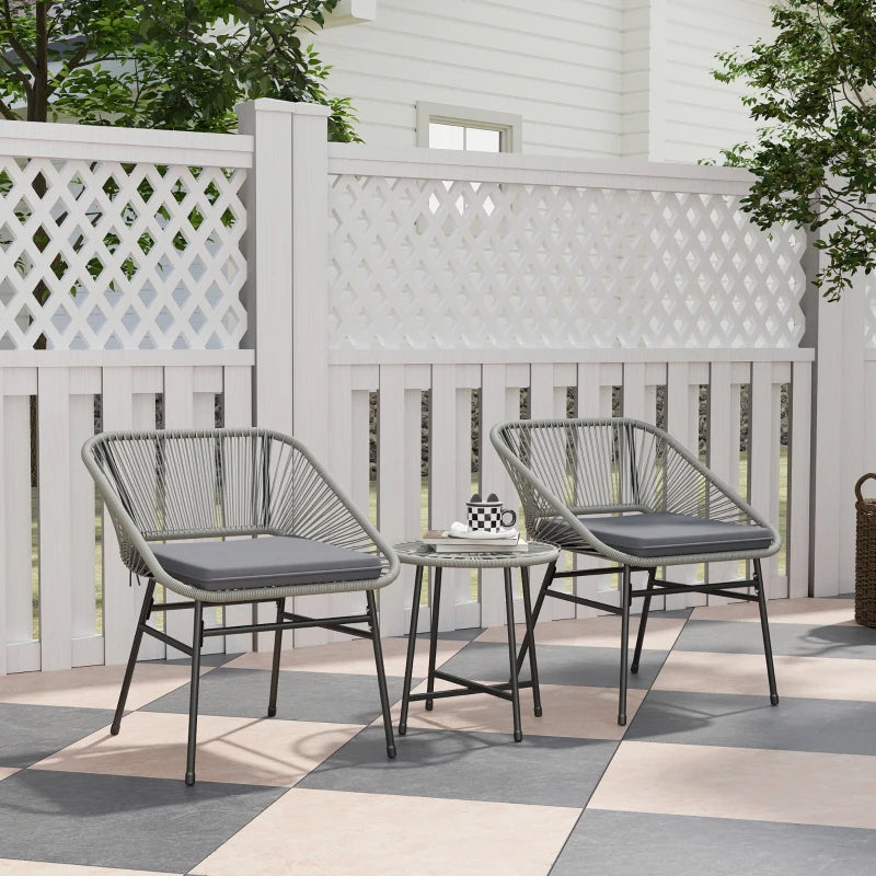 3-Piece Light Grey Rattan Bistro Set - Wicker Garden Table and Chairs with Cushions and Glass Top for Outdoor, Patio, Balcony