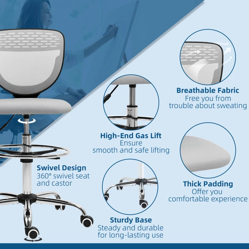 Vinsetto Light Grey Draughtsman Office Chair with Wheels, Adjustable Height 68-88cm, Ergonomic Design for Home & Office