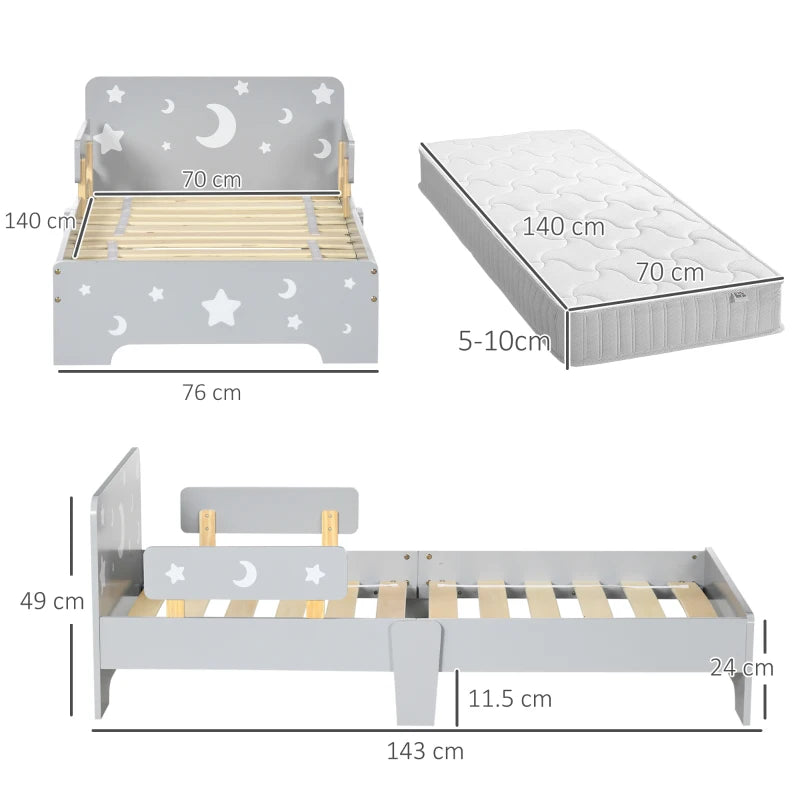 Kids Toddler Bed with Star and Moon Patterns and Side Rails for Ages 3 to 6 Years Grey