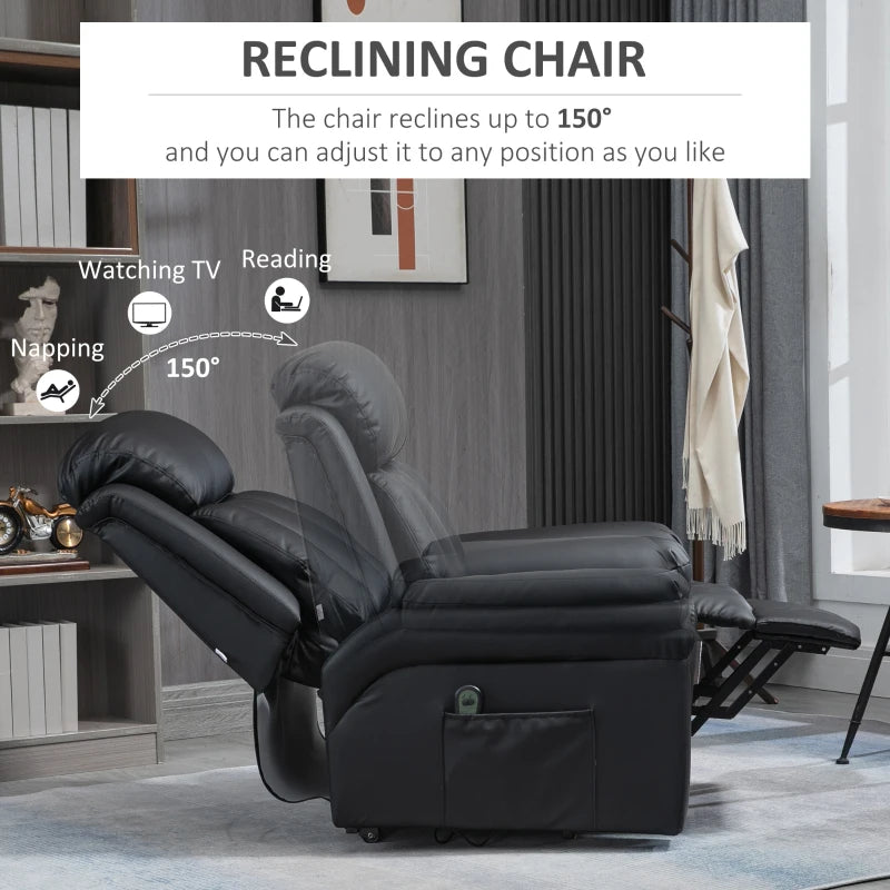 Electric Power Lift Recliner Chair for Elderly, Overstuffed Faux Leather Armchair with Remote Control and Side Pockets, Black