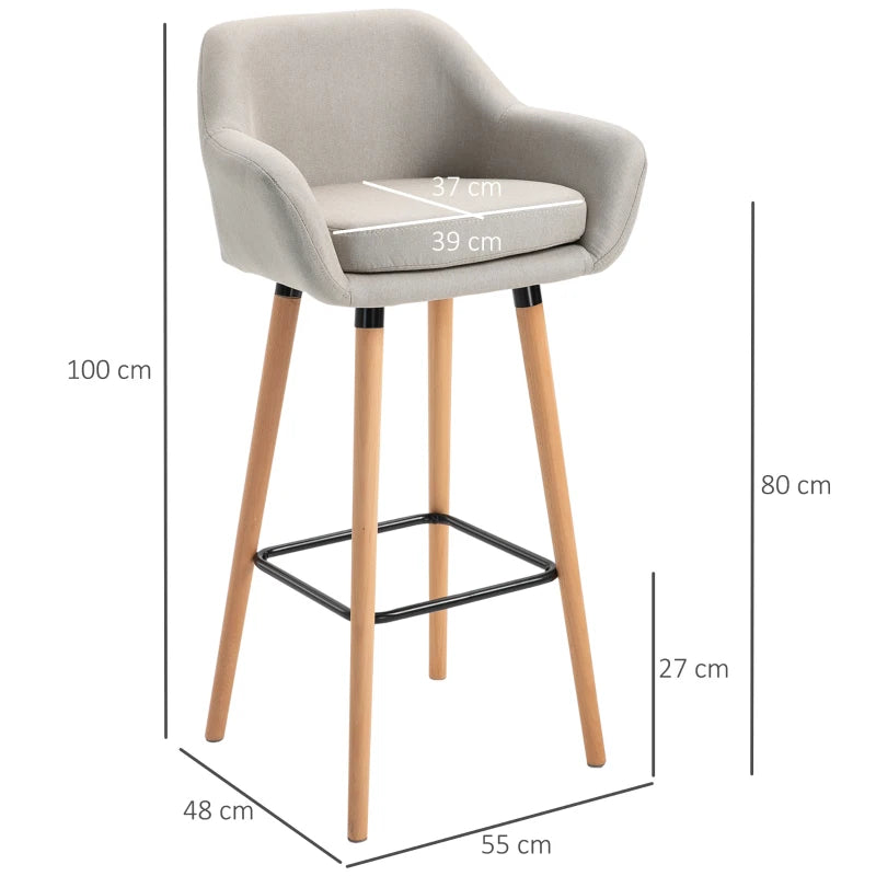 Set of 2 Modern Upholstered Bar Stools with Metal Frame & Solid Wood Legs - Beige Fabric Dining Chairs