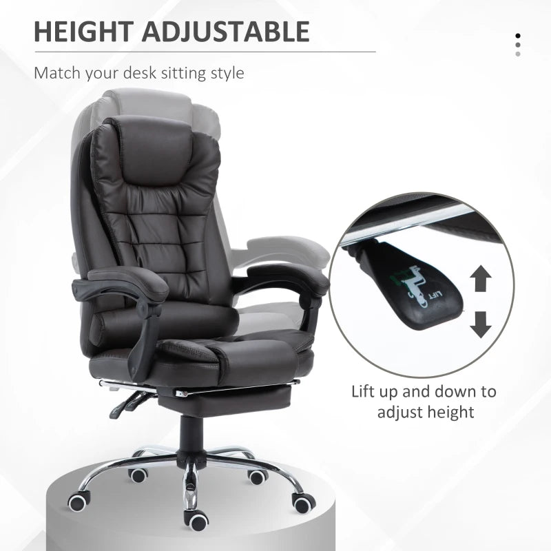 PU Leather Executive Office Chair - High Back Swivel with Retractable Footrest, Adjustable Height & Reclining Function in Brown