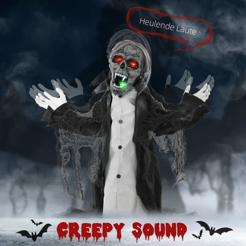 Halloween Animated Skeleton Decoration with Glowing LED Eyes & Mouth - Half-Body, Battery Operated Spooky Prop