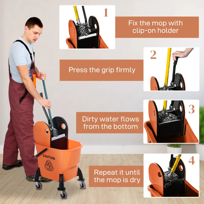 25L Mop Bucket with Wringer, Wheels & Handle - Durable Orange Cleaning Solution for Easy Floor Maintenance