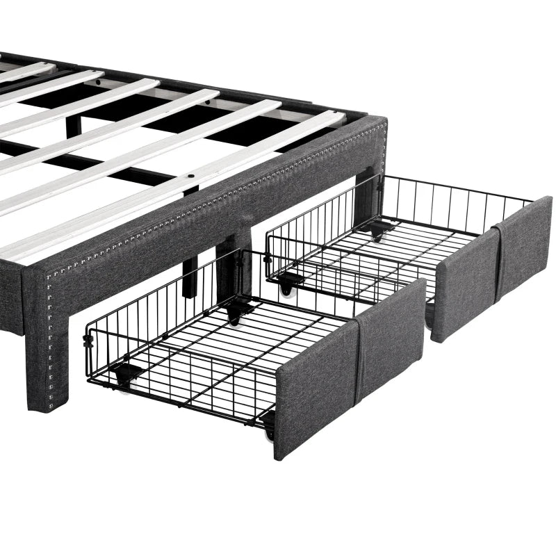 Double Upholstered Bed with Storage Drawers and Charging Ports in Grey Linen Frame