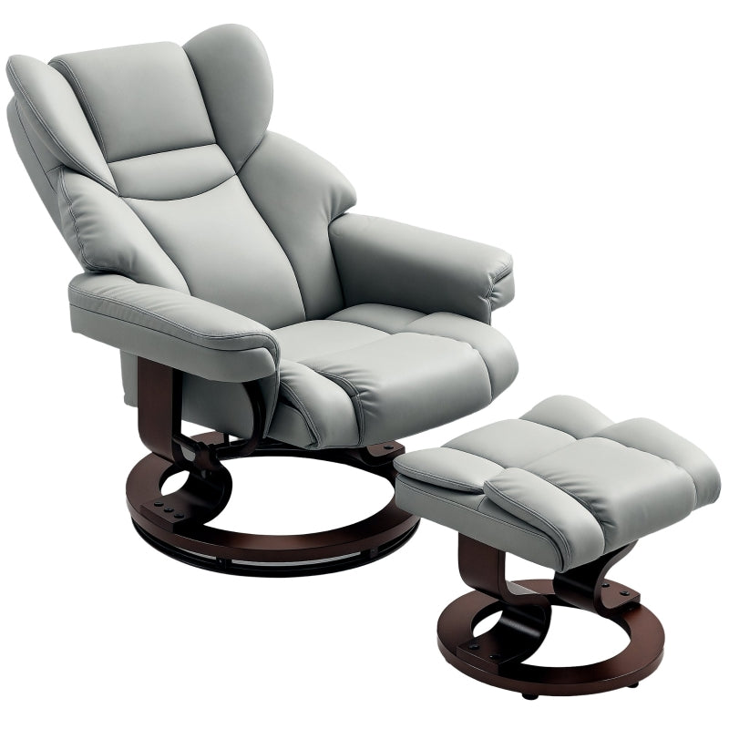 Faux Leather Recliner Chair with Footstool - Swivel Upholstered Armchair with Adjustable Backrest and Solid Wood Base in Light Grey