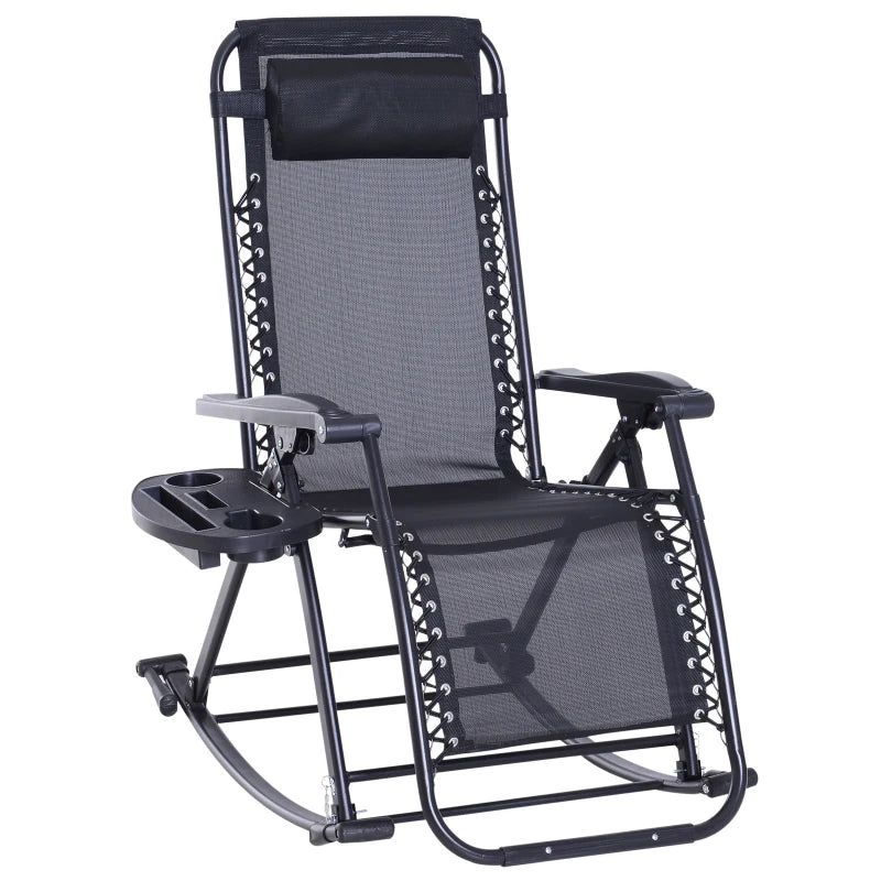 Black Foldable Outdoor Rocking Chair with Sun Lounger and Cup Holder