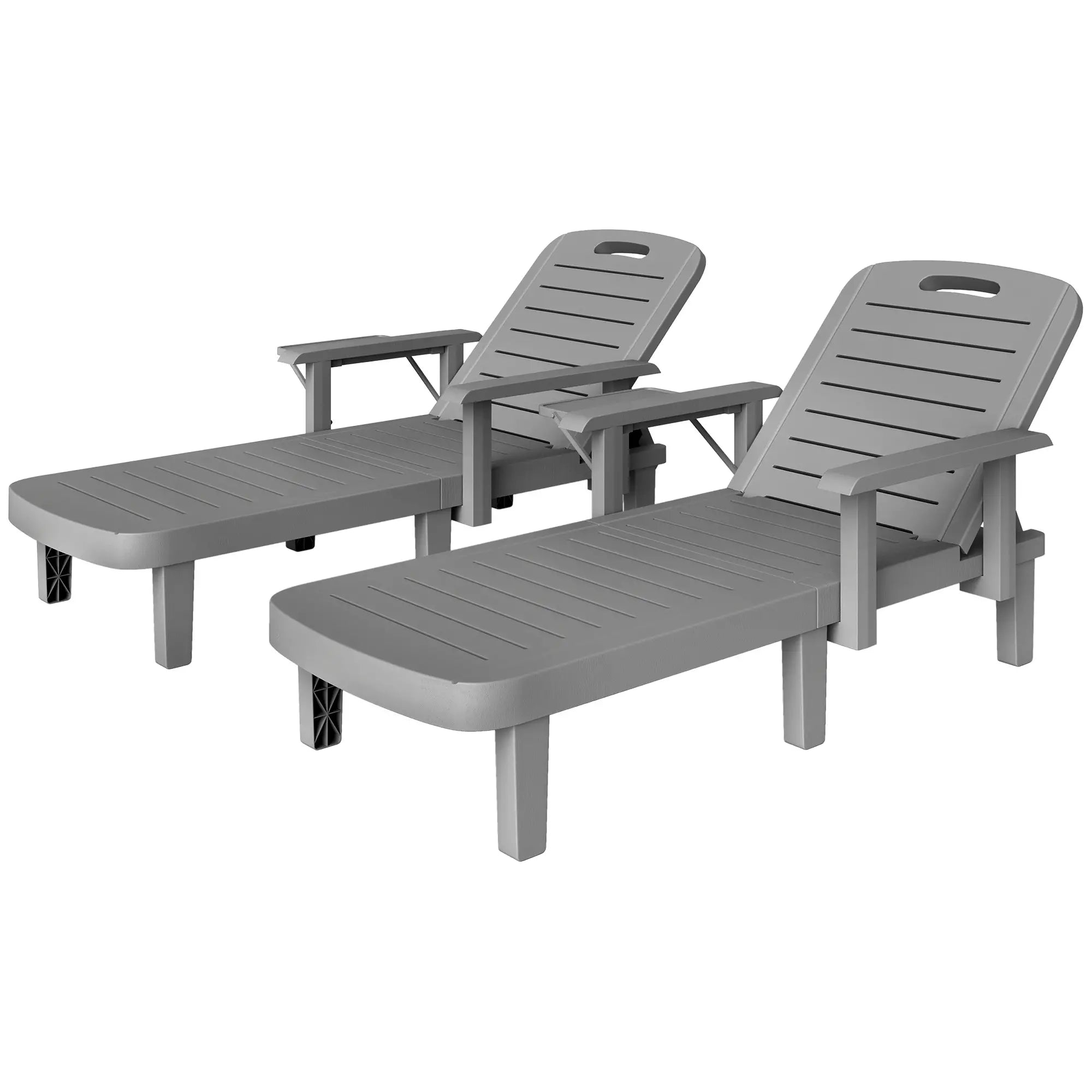 Set of 2 Resin Reclining Sun Loungers for Garden - 5 Positions - Outdoor Chaise Lounge Chairs with Wood Texture Surface, Armrests & Foldable Side Table