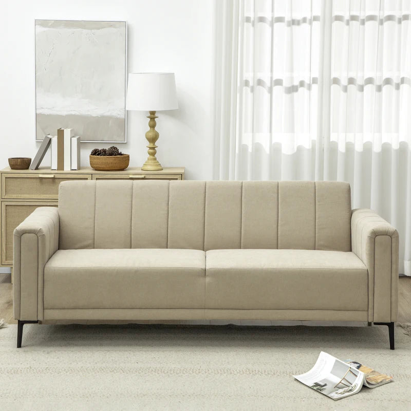 Modern Channel Tufted 3-Seater Fabric Sofa for Living Room, Guest Room, Bedroom or Home Office in Khaki