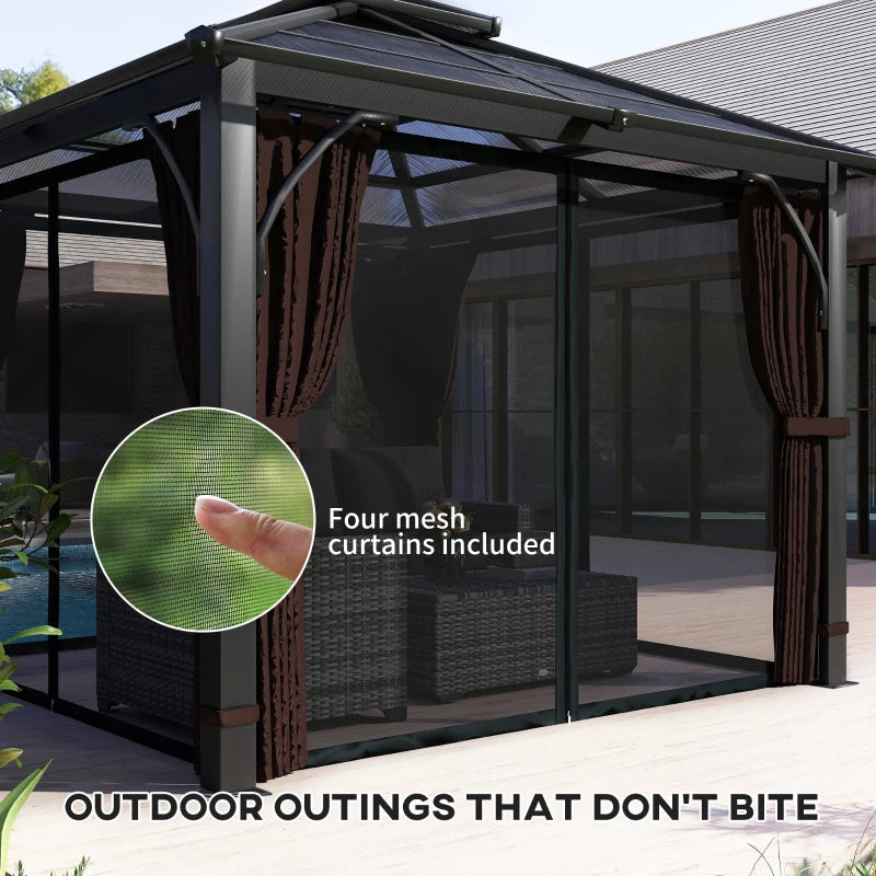 3x3m Brown Hardtop Gazebo Canopy with 7mm Double Polycarbonate Roof, Permanent Garden Pavilion with Mosquito Netting and Curtains for Patio and Deck