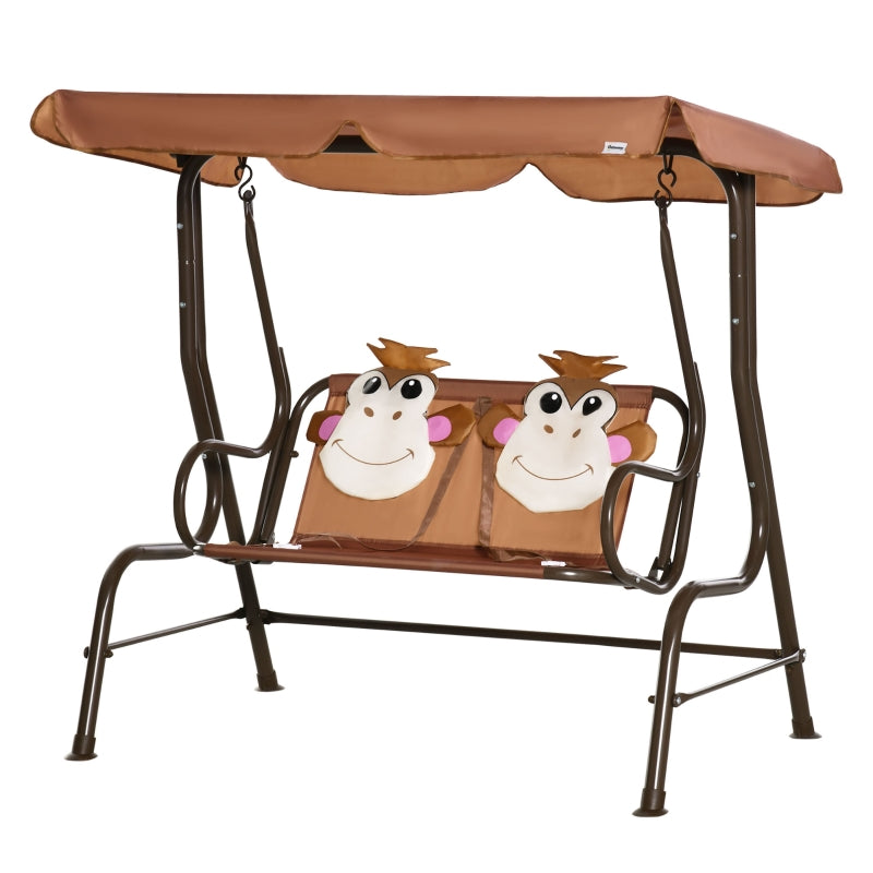 Brown Kids Garden Swing Seat with Adjustable Awning and Monkey Pattern
