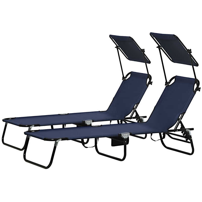 2 Piece Dark Blue Folding Sun Loungers with Canopy - Adjustable Recliner Garden Chairs with Side Pocket, Steel Frame and Breathable Mesh for Outdoor, Pool, Beach, Garden