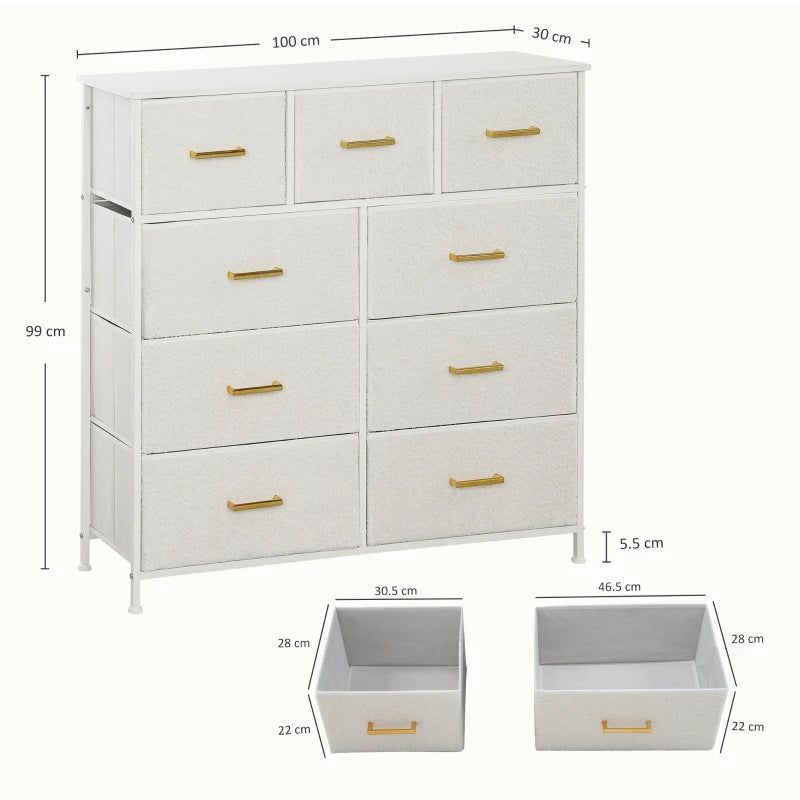 9 Drawer Fabric Storage Organizer with Steel Frame for Bedroom Living Room Hallway Cream White Dresser