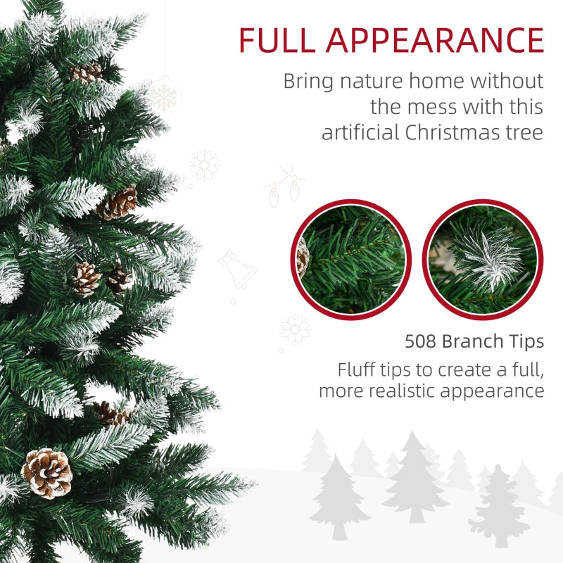 6 Ft Snowy Artificial Christmas Tree with Realistic Branches & Pine Cones - Indoor Holiday Decoration in Green & White