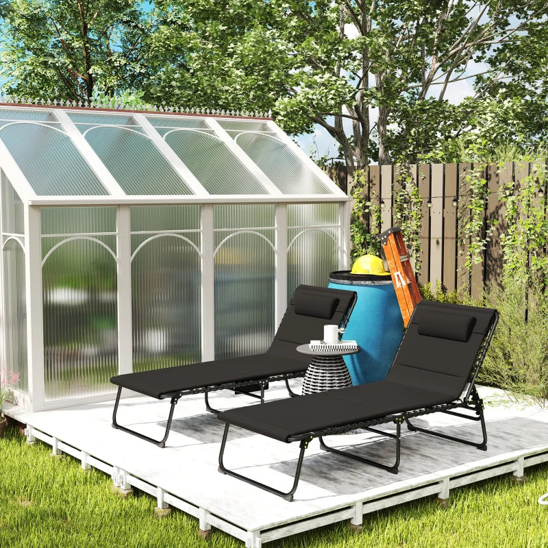 Folding Sun Loungers Set of 2 - Black Recliner Garden Chairs with Quick Drying Pad, Headrest & Side Pocket for Beach & Pool