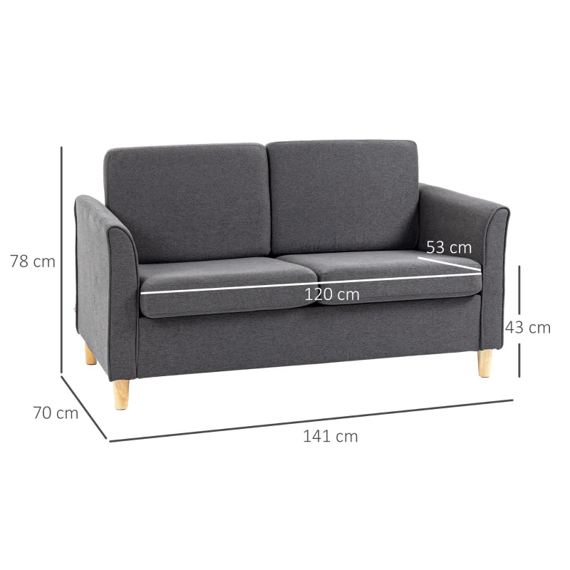Modern Compact Loveseat Sofa for Living Room with Wooden Legs and Armrests in Dark Grey