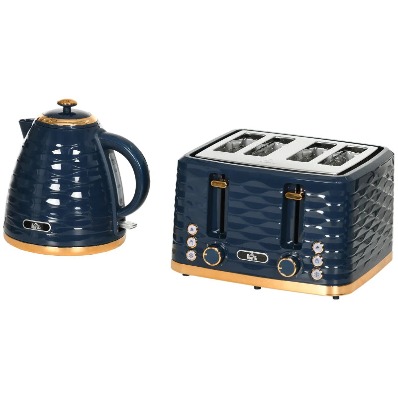 3000W 1.7L Rapid Boil Kettle & 4 Slice Toaster Set - Blue, 7 Browning Controls, Crumb Tray, Perfect Kitchen Duo